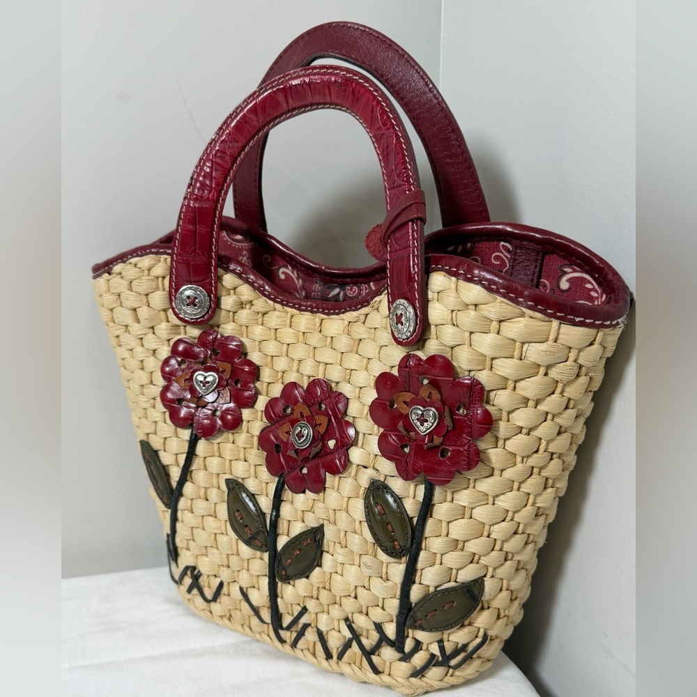 Brighton Beverly Straw Tote Handbag Stylish Woven Tote with Red Leather Accents - Picture 5 of 12